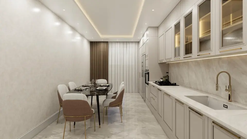 Mermer tezgahlı ve vitrin dolaplı mutfak