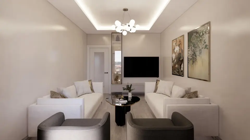 Beyaz koltuk takımlı, gizli aydınlatmalı modern salon