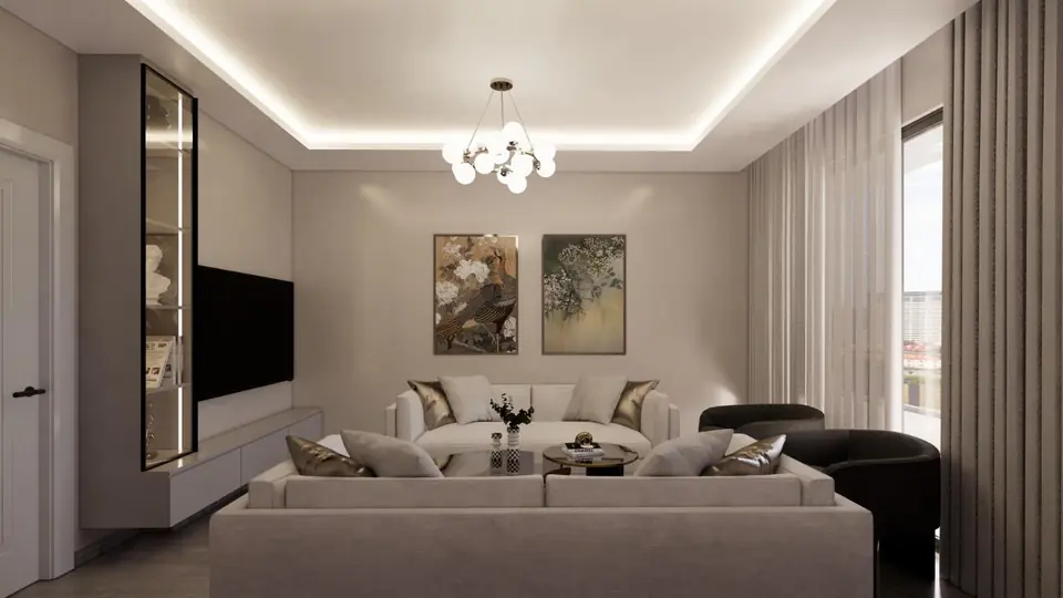 TV ünitesi ve vitrinli salon tasarımı