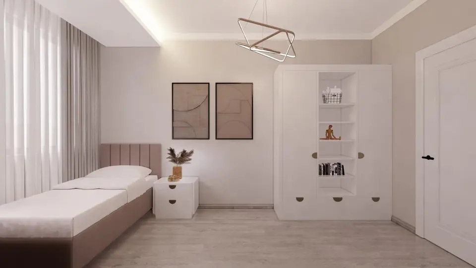 Tek kişilik yatak odası ve kitaplık